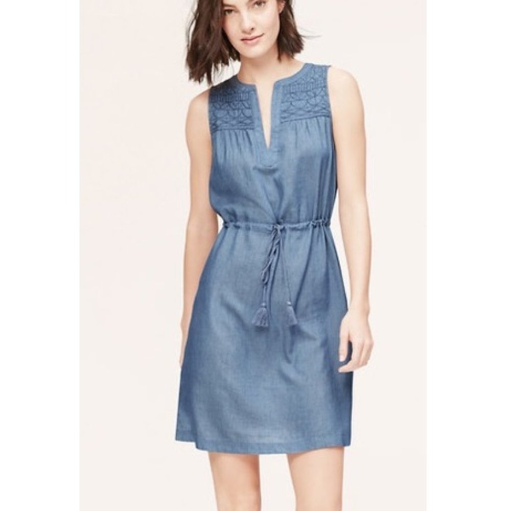 LOFT Embroidered Tie-Waist Chambray Dress Sz S EUC